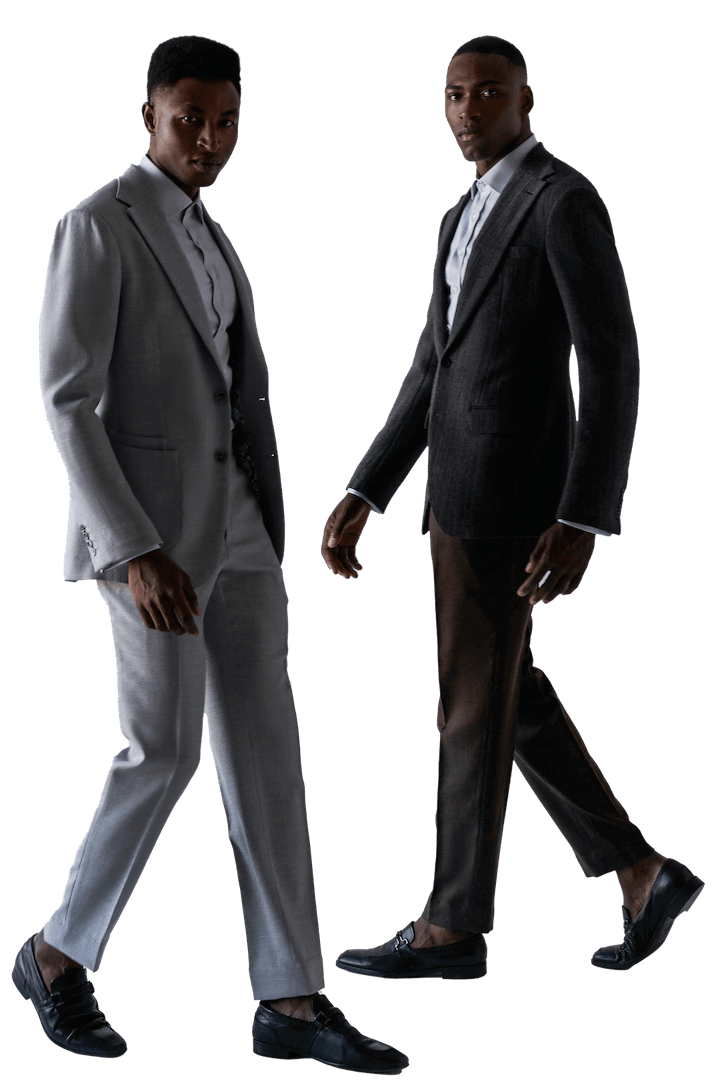 Two KIZA Bespoke suits in dove grey and charcoal
